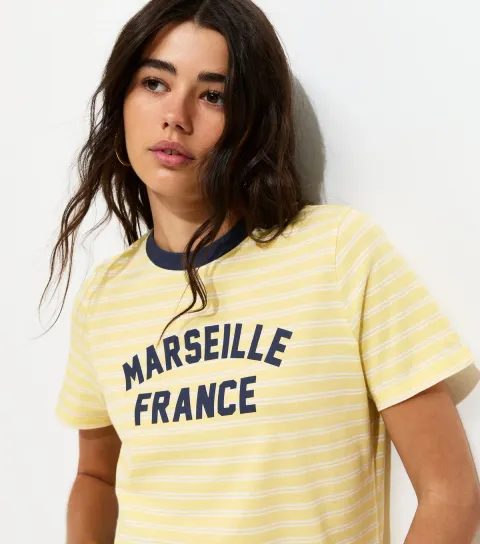 Yellow Cotton Striped Marseille Print Relaxed T-Shirt