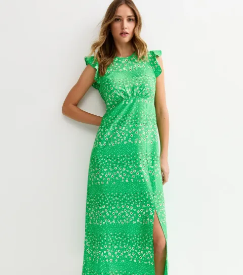 Green Floral Flutter Sleeve Midi Dress