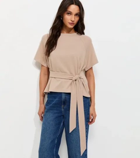 Cream Soft Touch Tie Front Short Sleeve T-Shirt