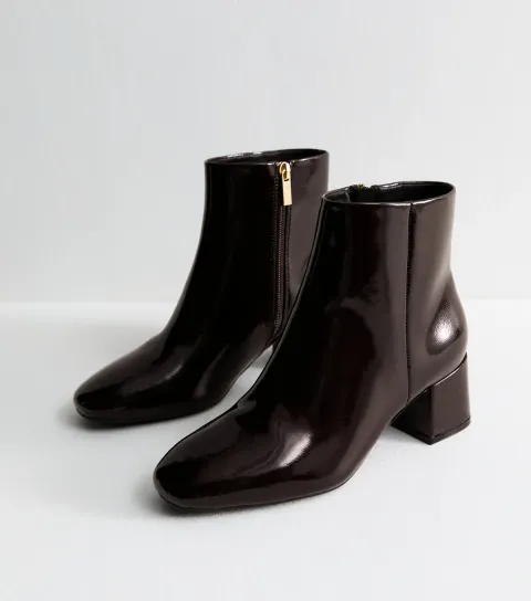 Wide Fit Dark Burgundy Faux Patent Leather Block Heel Boots Vegan