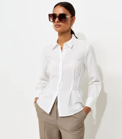 White Crinkle Texture Gathered Waist Shirt