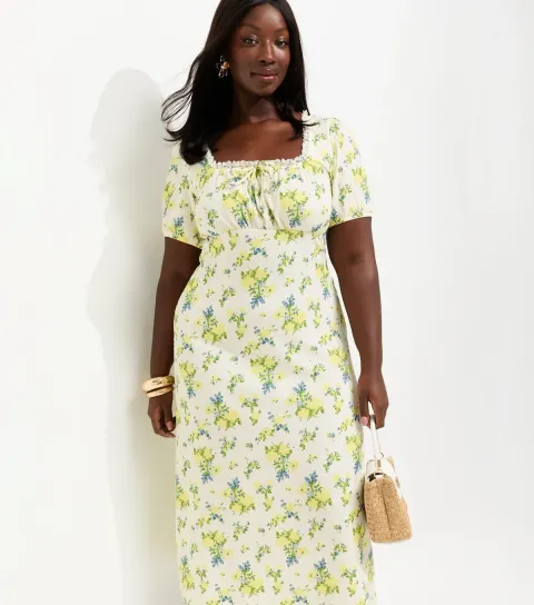 Plus Size Yellow Floral Print Milkmaid Lace Trim Midi Dress Curves