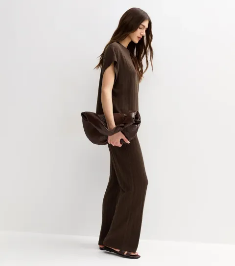 Dark Brown Pointelle Knit Wide Leg Trousers