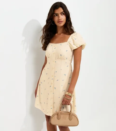 White Ditsy Print Button Detail Mini Dress
