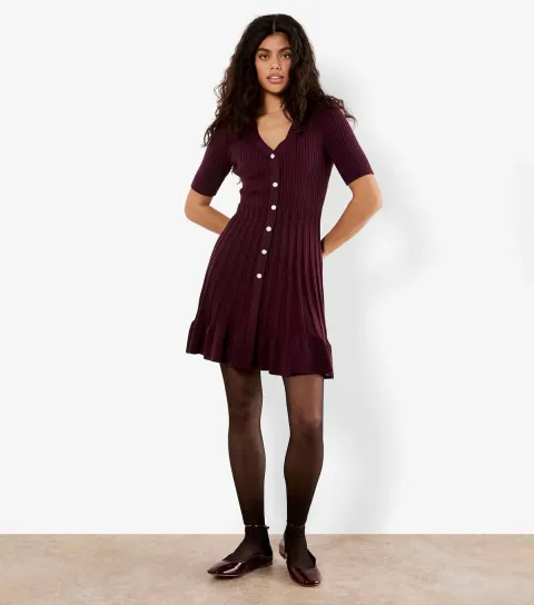 Burgundy Ribbed Fit and Flare Mini Dress