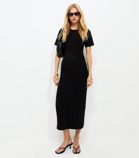 Black Ruched Side Short Sleeve Midi Dress
