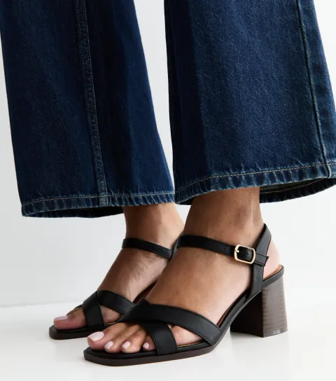 Black Faux Leather Block Heel Sandals Vegan