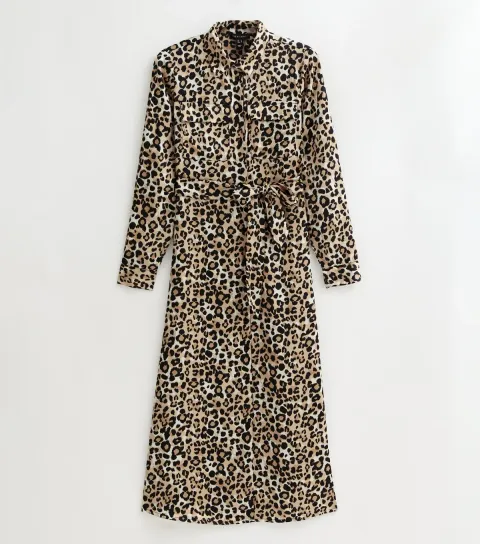 Brown Leopard Print Satin Midi Shirt Dress