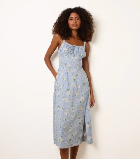 Blue Cotton Floral Midi Dress