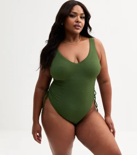 Plus Size Khaki Textured Ruched Side Swimsuit Curves