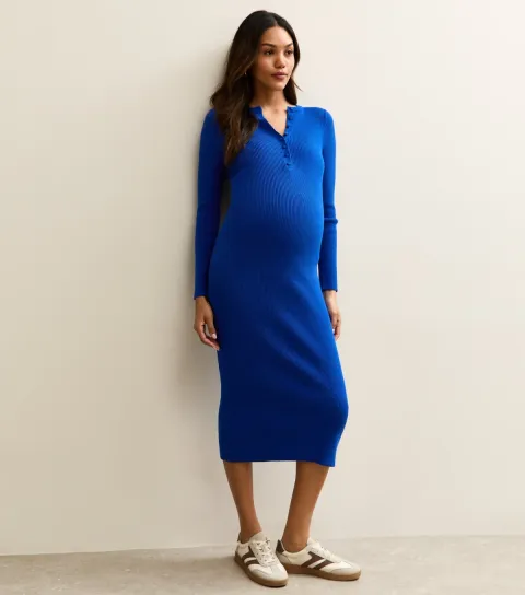 Maternity Bright Blue Ribbed Henley Midi Dress