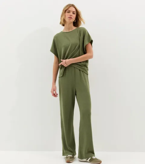 Khaki Textured Wide Leg Trouser