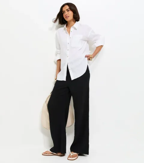 Black Cotton Textured Drawstring Wide Leg Trousers
