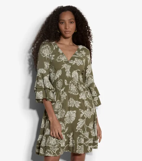 Light Khaki Floral Print Smocked Waist Mini Dress
