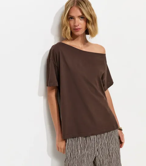 Dark Brown Cotton Off The Shoulder T-Shirt
