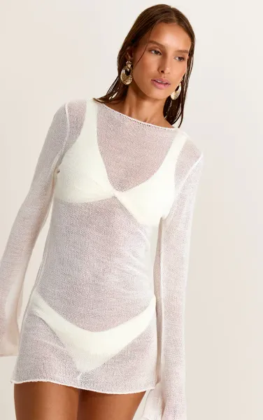 White Filigree Knit Long Sleeve Beach Dress
