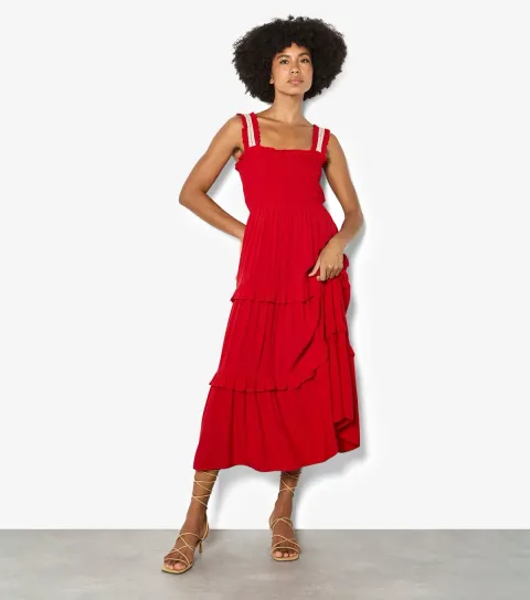 Bright Red Shirred Tiered Midi Dress
