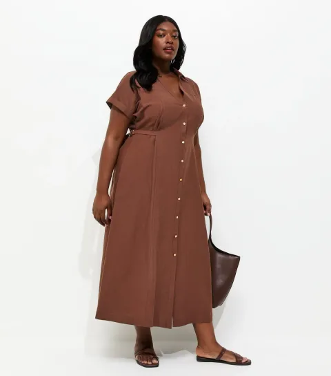Plus Size Dark Brown With Cotton Midi Shirt Dress Curves