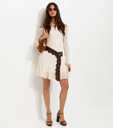 Cream Asymmetric Dropped Waist Long Sleeve Lace Mini Dress