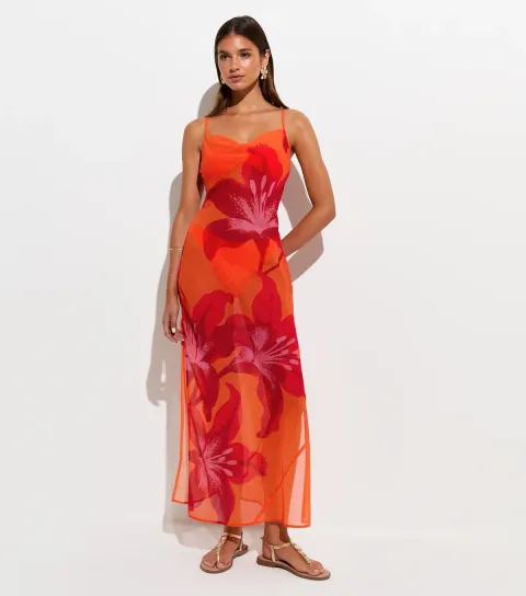 Orange Semi-Sheer Hibiscus Print Maxi Beach Dress