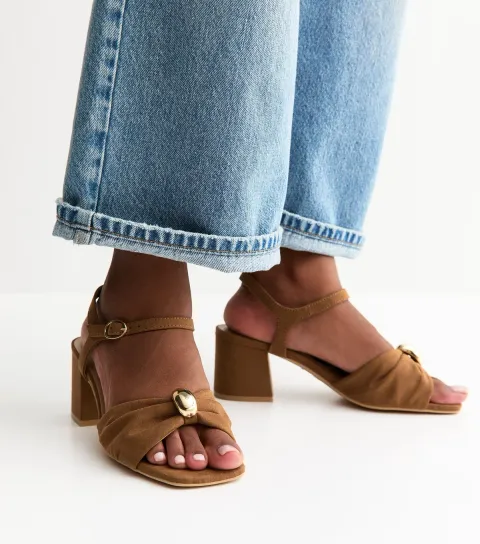 Wide Fit Tan Faux Suede Metal Ring Block Heel Sandals Vegan