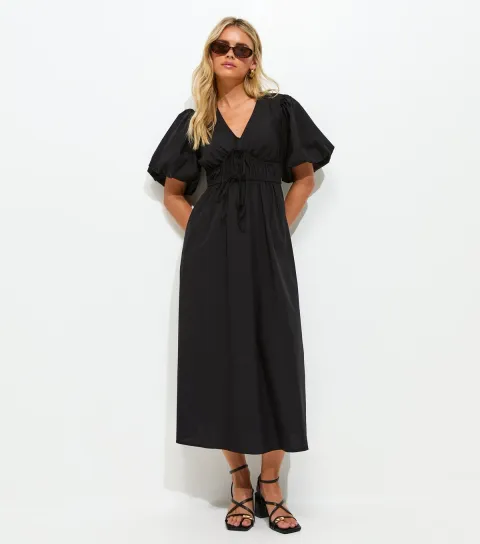 Petite Black Puff Sleeve Midi Dress