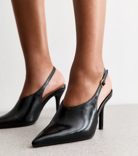 Black High Vamp Faux Leather Slingback Heels