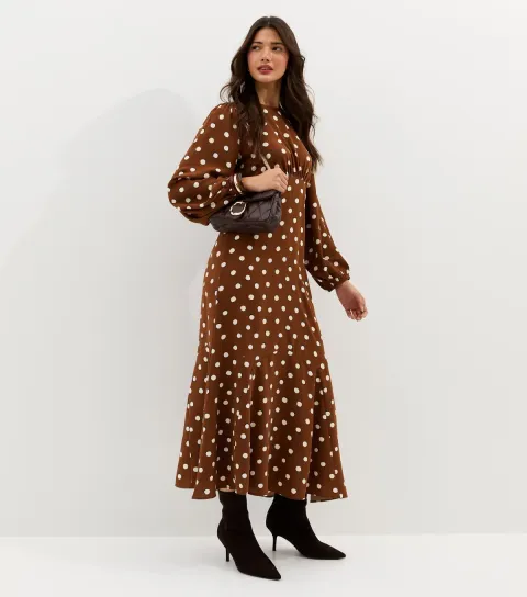 Brown Polka Dot Godet Midi Dress