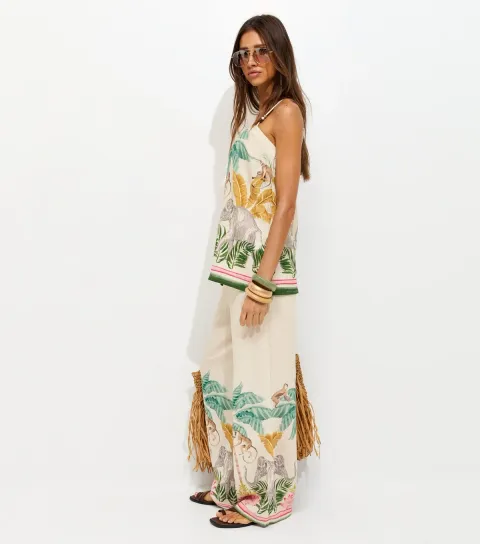 White Tropical Print Wide Leg Trousers