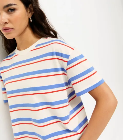Blue Cotton Boxy Striped T-Shirt