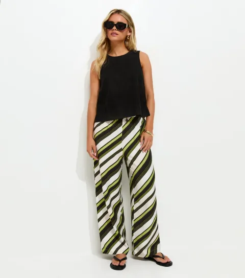 Petite Green Diagonal Stripe Wide Leg Trousers
