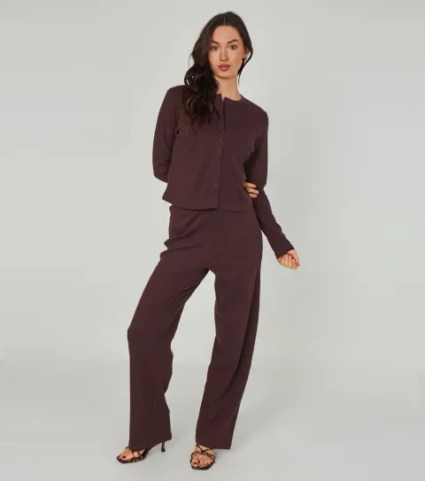 Brown Ribbed Wide Leg Trouser