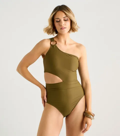 Khaki One Shoulder Ring Detail Swimsuit