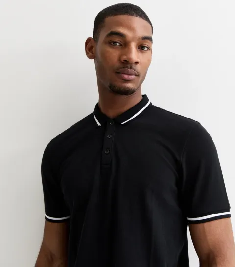 Black Contrast Trim Regular Fit Polo Top