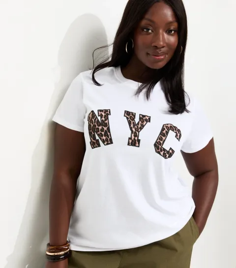 Plus Size White Leopard NYC Relaxed Fit T-Shirt Curves