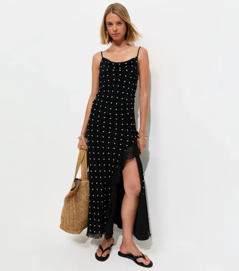 Black Polka Dot Cowl Neck Midi Dress