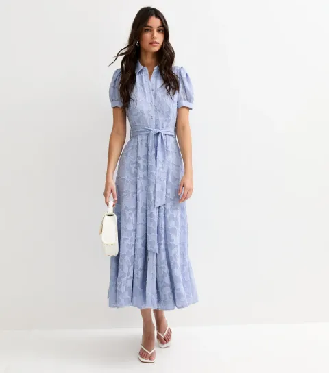 Light Blue Brocade Puff Sleeve Shirt Dress