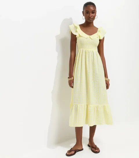 Yellow Cotton Gingham Ruffled Neck Midi Dress