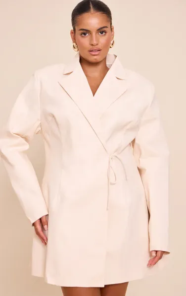 Plus Cream Linen Blend Tie Detail Blazer Dress