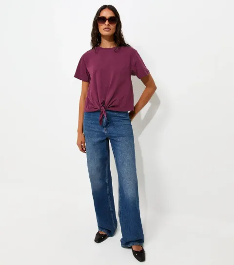 Dark Burgundy Cotton Tie Front T-Shirt
