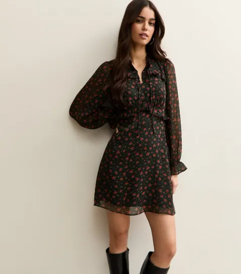 Black Rose Long Sleeve Frill High Neck Mini Dress
