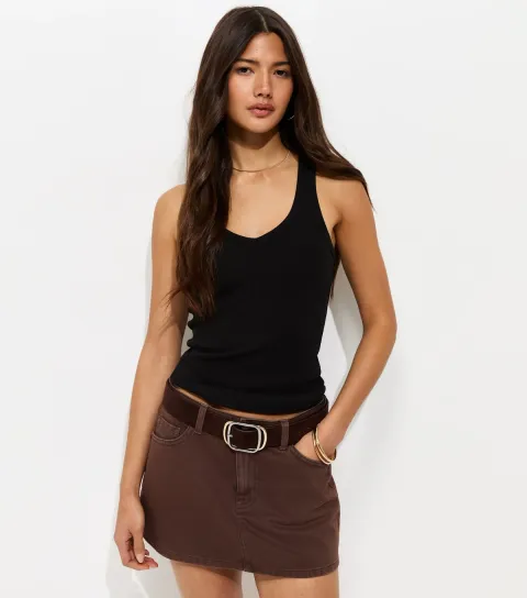 Black Cotton Rich V Neck Slim Wide Strap Vest Top