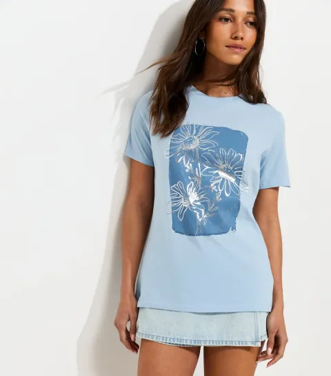Light Blue Cotton Foil Flower Print T-Shirt