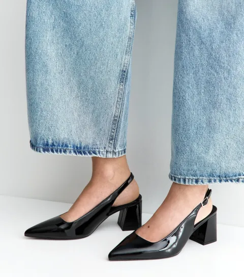 Wide Fit Black Faux Patent Leather Slingback Pumps Vegan