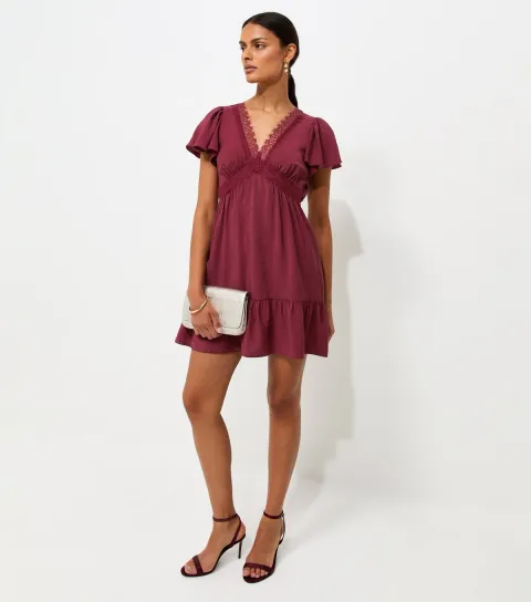 Dark Burgundy Crinkle Texture Lace Trim V Neck Mini Dress
