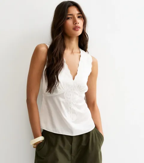 Off White Satin Lace Trim Cami Top