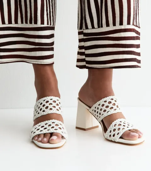 White Macrame Strap Block Heel Mules Vegan