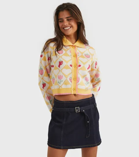 Bright Yellow Floral Diamond Knitted Cardigan