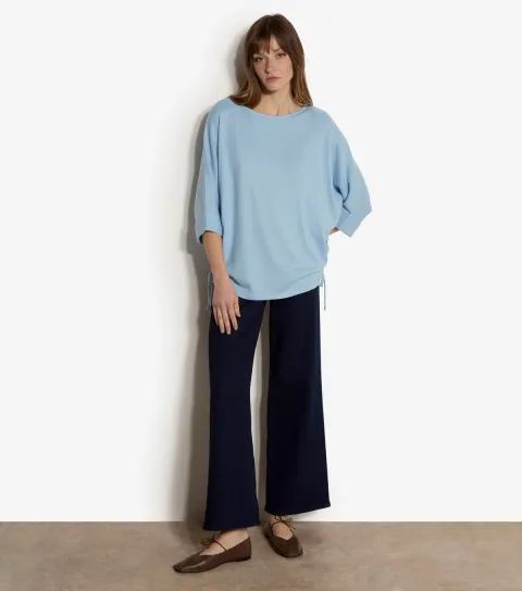 Blue Batwing Sleeve Drawstring Hem Jumper