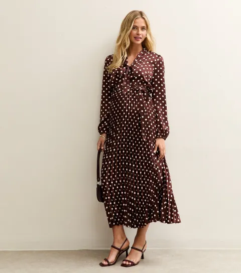 Maternity Brown Polka Dot Satin Pleated Midi Dress